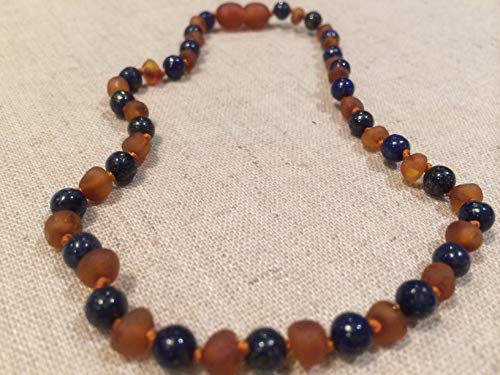 ADHD Raw Baltic Amber Teething Necklace Babies Baby Infant Toddlers Drooling & Teething Pain 12.5" Screw Clasp (Raw Coganc Lapis Lazuli) - Thumbnail 4