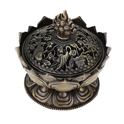 Secret for Longevity Gold Brass Bronze Antique Chinese Asian Style Lotus Flower Incense Burner Pot w/Stick Cone Coil Holder w/White Sage Cones Zen Buddha Buddhist Meditation Decor Gift Set