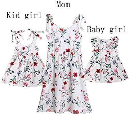 Family Matching Summer Dress Mommy and Me Floral Printed Shoulder-Straps V-Neck Midi Casual Sundress