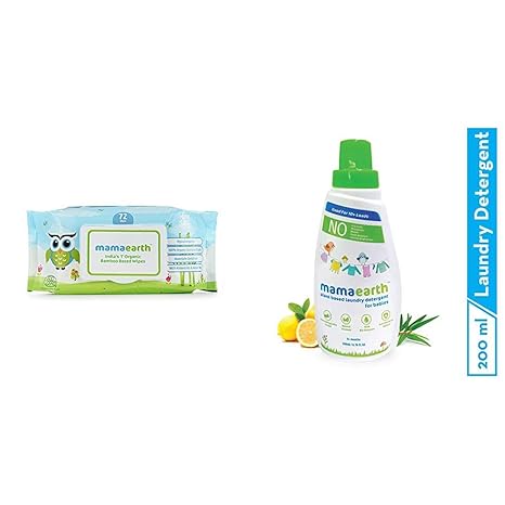Mamaearth Indias First Organic Bamboo Based Baby Wipes (72 Wipes) & Mamaearths Plant Based Baby Laundry Liquid Detergent, with Bio-Enzymes and Neem Extracts, 200ml