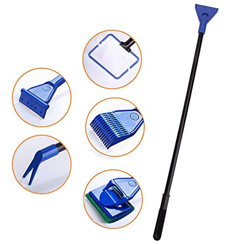 Petsoigné 5 in 1 Fish Tank Cleaning Kit with Gravel Rake, Algae Scraper, Glass Sponge Brush, Water Plant Fork and Aquarium Net