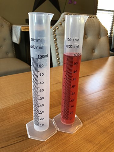 Plastic Graduated Cylinder Flask Set - 100ml Science Test Tube Beakers, 2-Sided Measuring Lines - Printed and Molded Graduations (Pack of 2)