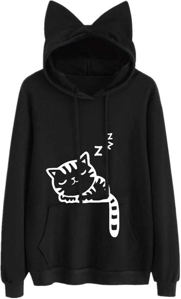 LEXUPA Womens Cat Long Sleeve Hoodie Sweatshirt Hooded Pullover Tops Blouse