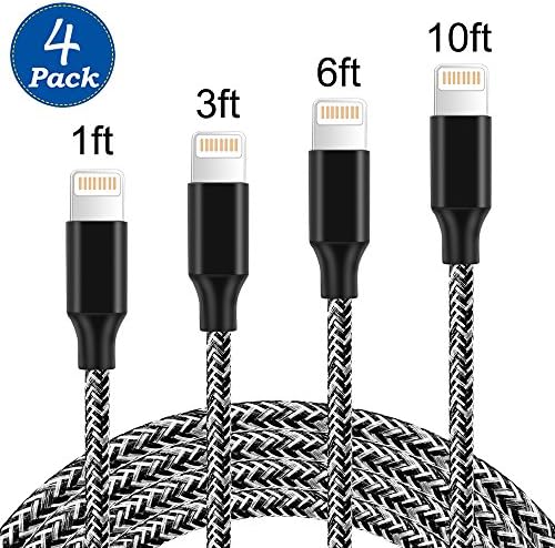 (4 Pack) Lightning Cable, 1FT 3FT 6FT 10FT Durable Lightning to USB Cable Nylon Braided Fast Charge and Data Sync Cord for iPhone X/8/8Plus/7/7 Plus/6s/6s Plus/6/6 Plus/5/5S/5C/SE/ iPad and iPod