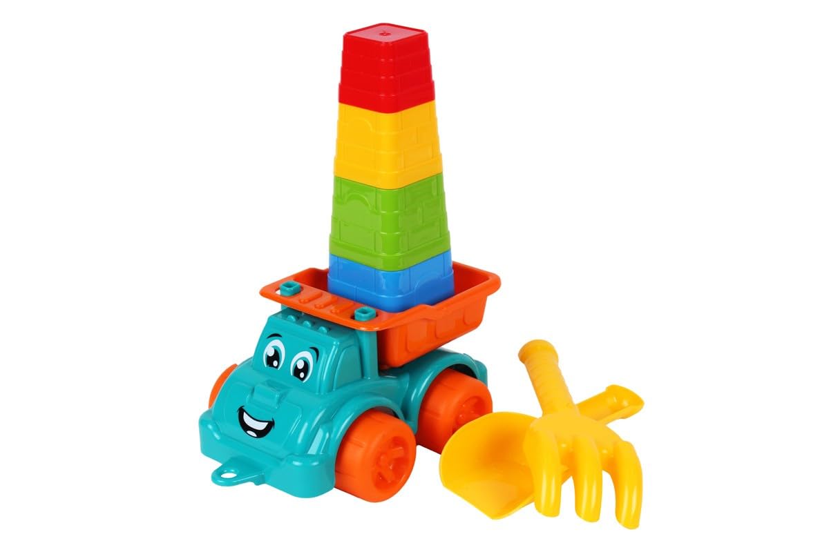 FANCY BABY Sand Truck Toy with Stacking Cups - Sand Moulds, Beach Toys For Toddlers Age 1-5 with Rainbow Tower, Sand and Water Toy - Gift Ideas for Kids