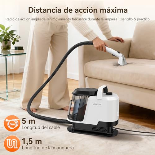 Uwant Y100 Aspiradora de Agua Tapiceria, 600W 18 kPa, Doble Depósito 1.2L y Autolimpieza, Higieniza 99.9% con Detergente 500ml y Cepillos, Limpiador de Tapicerías, Para Sofá, Alfombra y Colchón