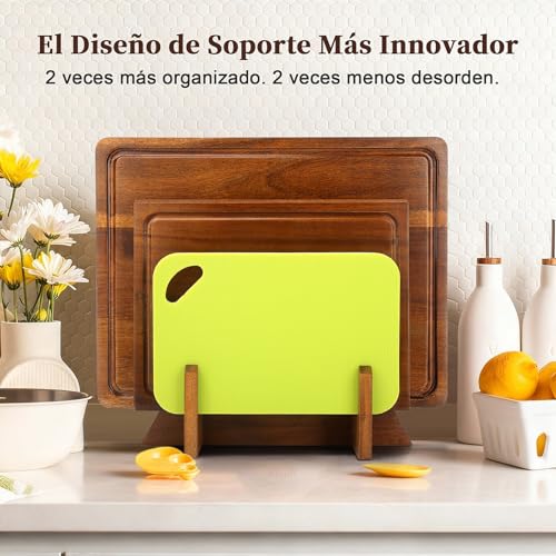 Muja Juego de 3 Tablas para Picar, Juego de Tablas para Picar Cocina con Soporte, con 4 Piezas Alfombrillas para Cortar de Plástico Flexible Perfectas Como Herramientas (43 * 33Madera)