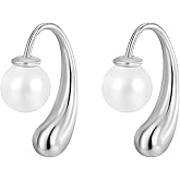 Vinoya Teardrop Hoop Earrings for Women 18K Gold Plated Pearl Earring Oval Classic Dangle Hypoallergenic Jewelry Thread Drop Earrings Teardrop Back Chunky Dangle Earrings