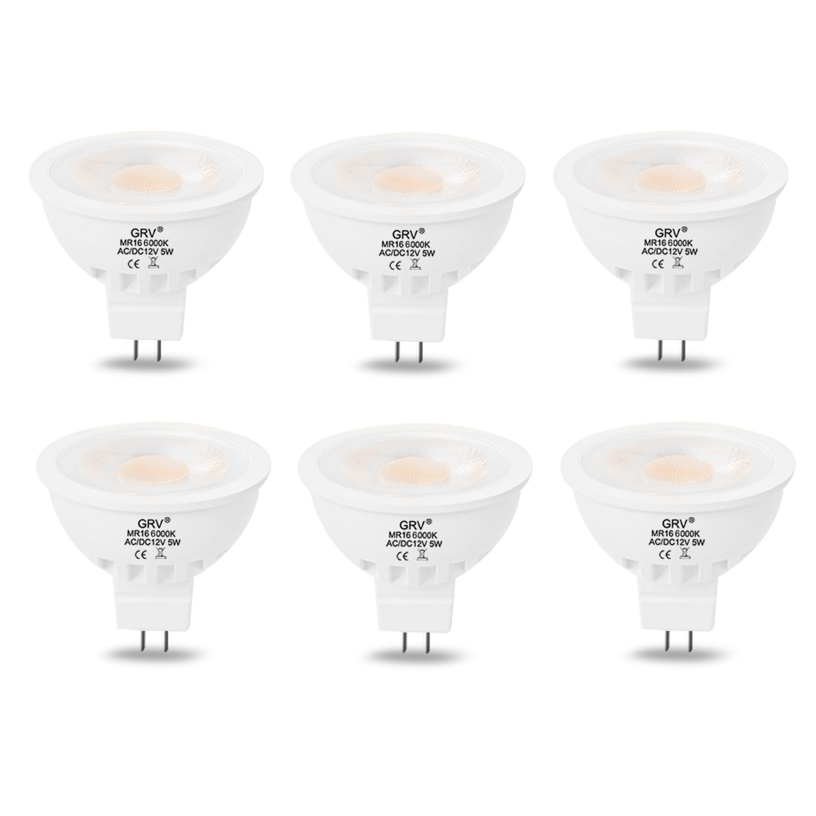 GRV MR16 GU5.3 LED Bulb AC/DC12V 5W Equivalent 50W Halogen Lamp LED Spotlight Track and Indoor Lighting Downlight Not Dimmable White Pack of 6
