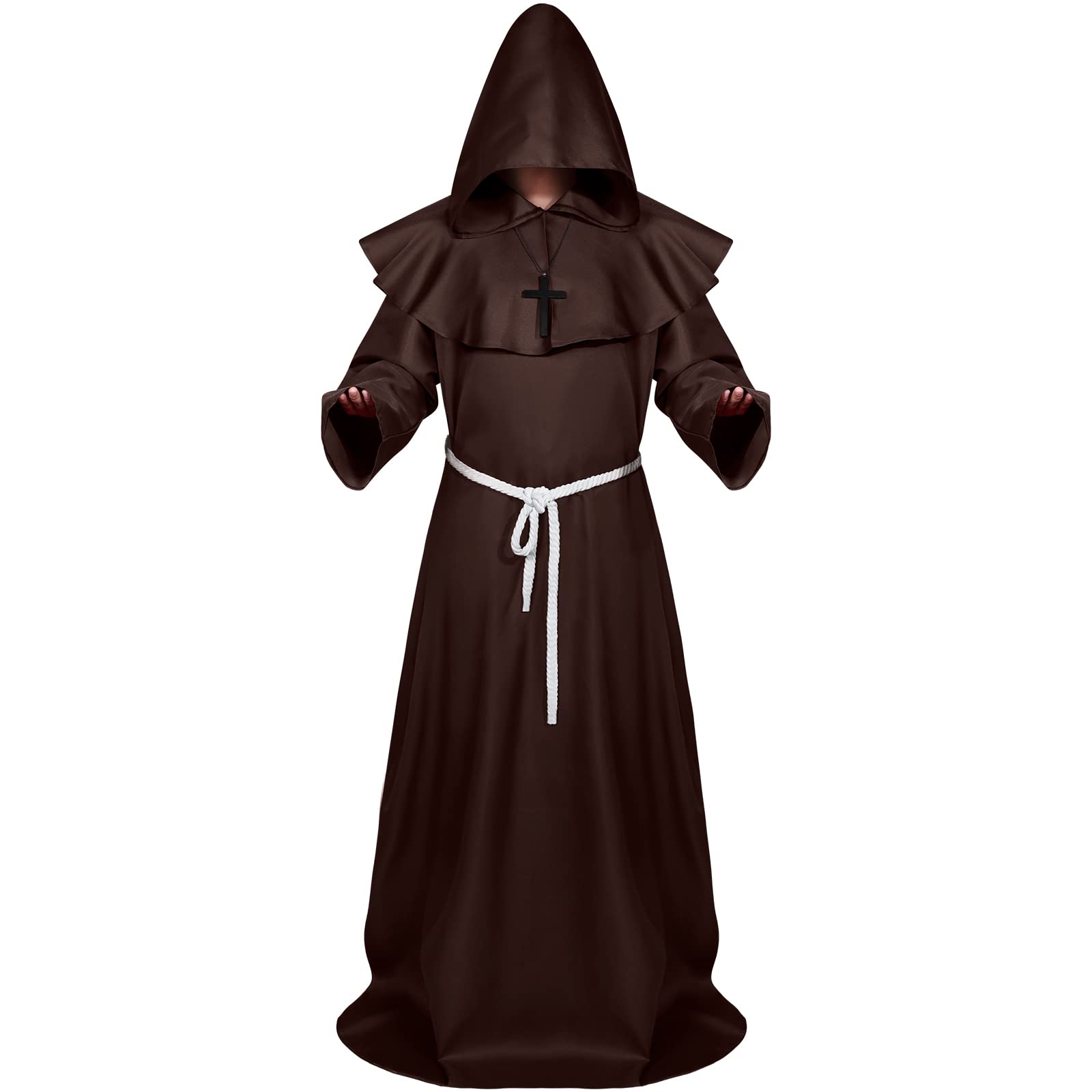 Sintege Halloween Monk Costume Medieval Hooded Monk Robe Renaissance Priest Robe Adult Wizard Costume(X Large,Brown)
