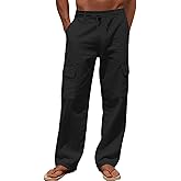 TAFLE Men's Linen Pants Casual Cargo Pants Elastic Drawstring Waist Straight-Legs Summer Yoga Beach Long Pants with Pockets