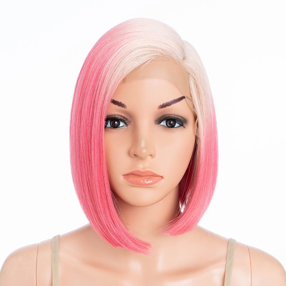 Début Lace Front Wigs for Black Women Bob Wigs for White Women Synthetic Hair 9.5" 120g Pink Straight Swiss Lace Heat Resistant Fibers Half Hand Tied (9.5 Inches, LTT RORED/PK21)