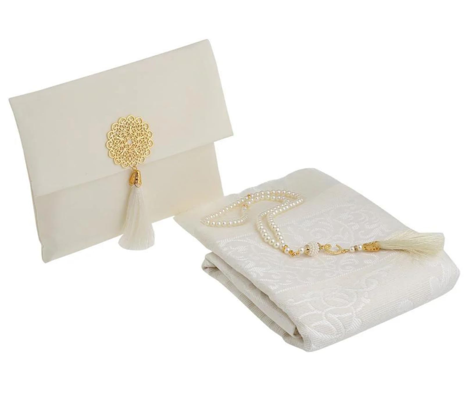 Prien Muslim Prayer Rug With Tasbih Beads and Portable Bag, Muslim Gift For Women Men, Mubarak Islamic Box, Soft Mat Gifts Set, Turkish Carpet For Ramadan, Eid, Hajj, Travel (Cream)