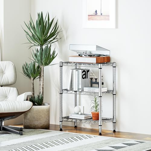 M MZG Metal Shelving Unit with 3 Levels, Load Capacity 340 kg, Adjustable Shelves for Kitchen, Bathroom, Pantry and Office, Study, Chrome, 30 x 55 x 72.5 cm