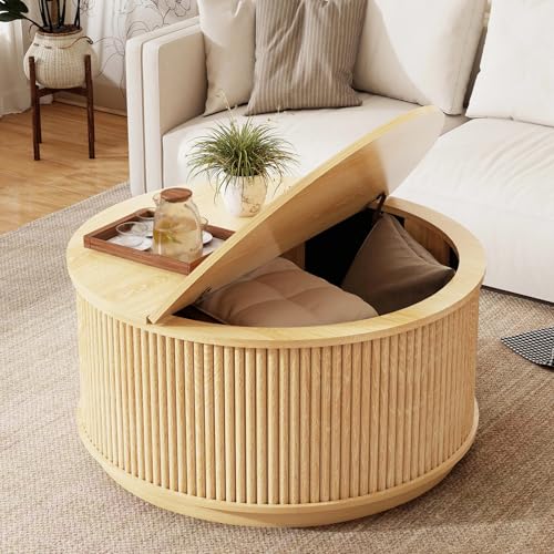 LYNCOHOME Round Coffee Table, Round Wooden Coffee Table with Storage, Fluted Modern Coffee Tables for Living Room Home Office, Natural