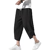 INVACHI Men's Casual Elastic Waist Linen Capri Pants Wide Leg Baggy Cotton Harem Yoga Trousers