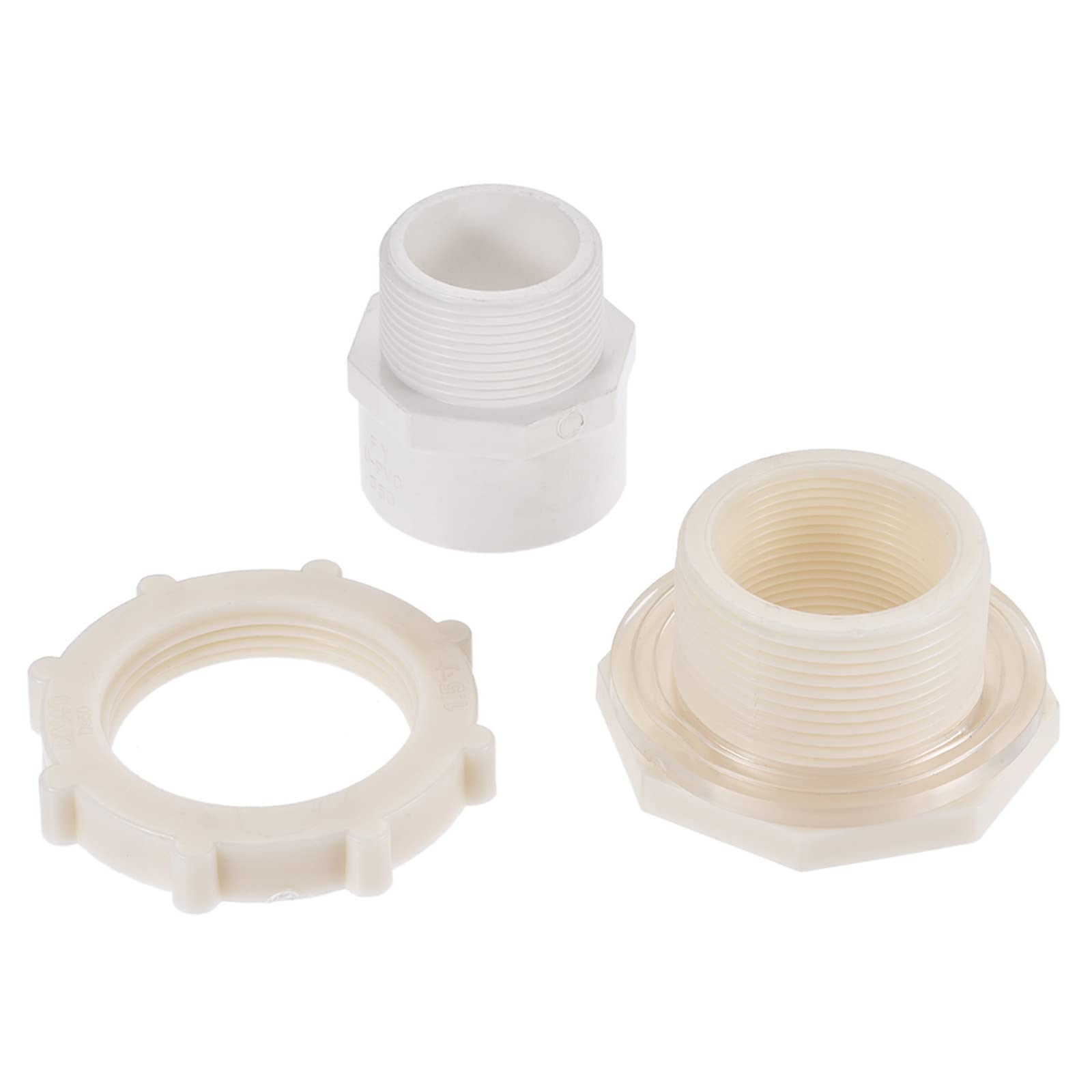 M METERXITY PVC Bulkhead Fitting - Double Threaded Bulkhead Water Tank Connector, with Silicone Gasket, Apply to Aquariums, Faucet(G1-1/2 Female 2.44" Male,White)