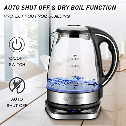 Queen Sense Glass Electric Kettle, 1500W 1.8 Quart Water Boiler with 5
