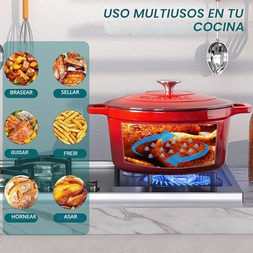 Cazuela Hierro Fundido para Horno, 26 cm 5 Litros Redonda Olla Antiadherente Anticorrosiva Esmalte con 2 Asas para Cocina Estofado, Paella, Freír, Asar, Saltear - Rojo