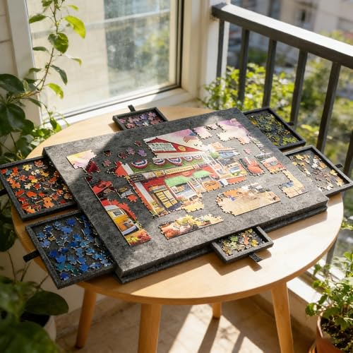 LUPATDY Tilting Puzzle Table, Puzzle Tray for Puzzles up to 1000 Pieces, Portable Puzzle Tray with 6 Felt Drawers with Stand and Lid 2-in-1 (Black)