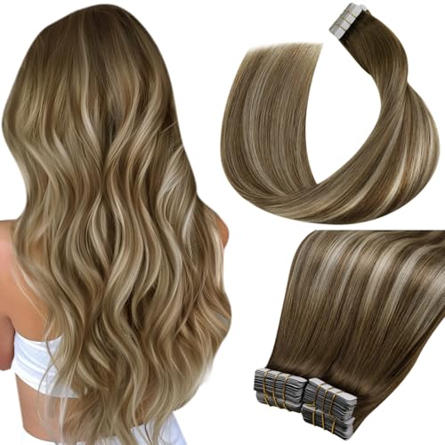 Laavoo Echthaar Extensions Tape In Ombre Braun - Dunkelbraun Zu Hellbraun Und Hellblond Haarverlängerung Remy 100G 40Pcs #3T8/24 40Cm