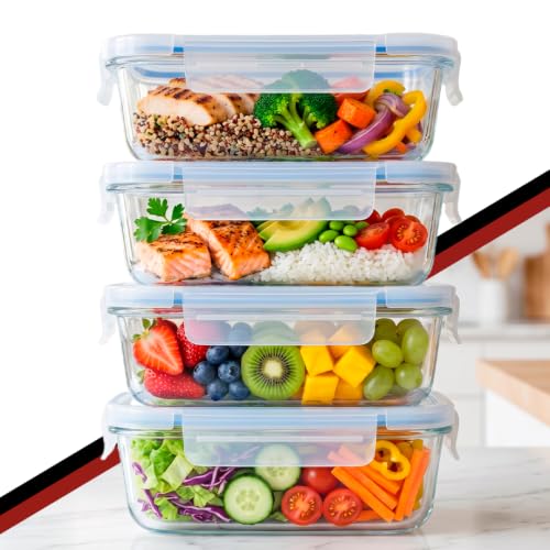 Kit 4 Potes de Vidro Herméticos 1040ml com Tampa Silicone Azul | Marmita Fitness, Meal Prep, Conservação de Alimentos e Organização de Cozinha