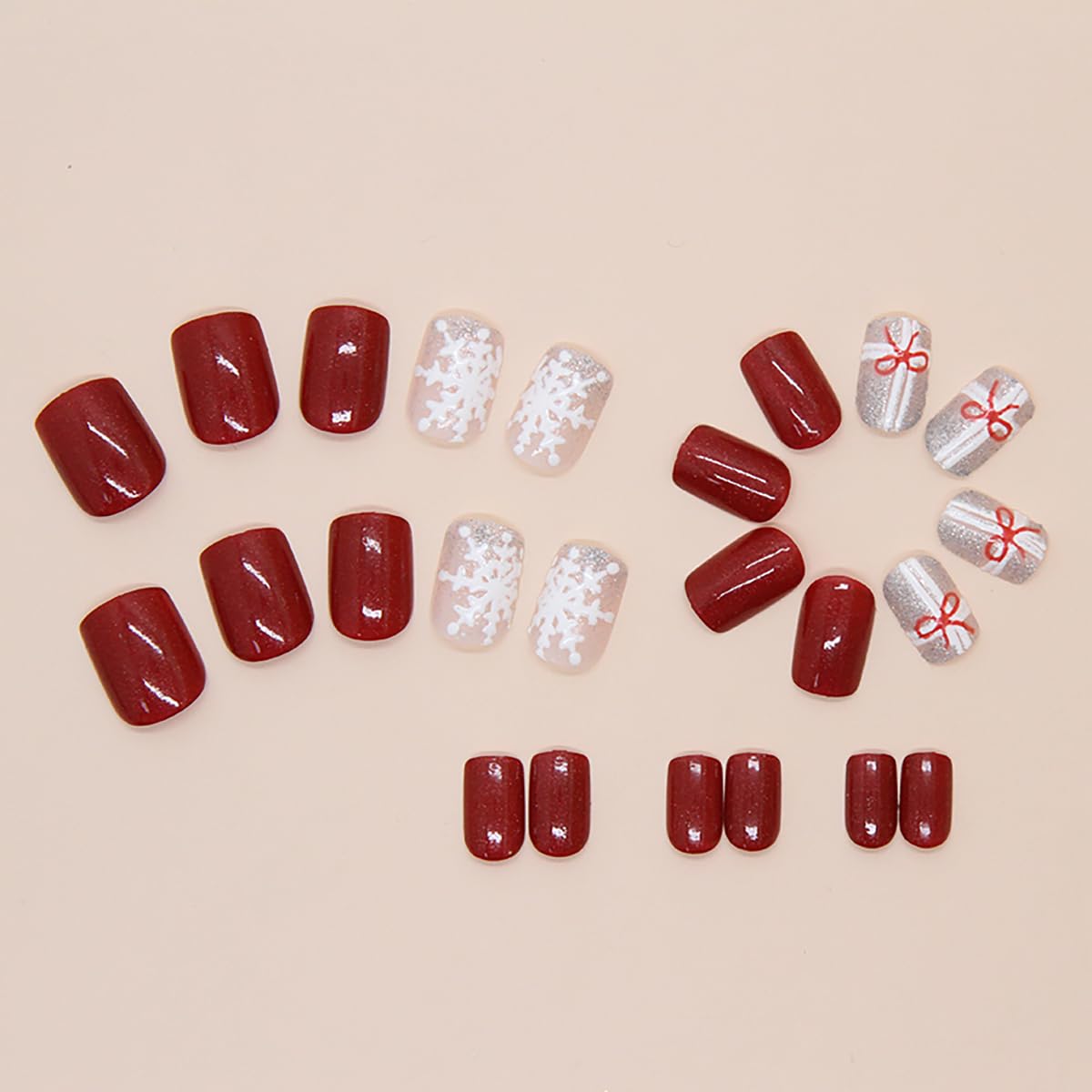 24Pcs Christmas Press on Nails Short Coffin Fake Nails Red Bow Charm Design Cute Christmas Nails Glossy Red False Nails Silver Glitter Snowflake Glue on Nails Winter Artificial Nails for Women DIY - Image 7