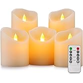 Enpornk Flameless Candles, Flickering Moving Flame LED Candles Set of 5 (Size: D: 3" x H: 4"/4"/4"/6"/6") Pillar Realistic Real Wax Battery Operated Candles with Remote Control 2 4 6 8 Hours Timer