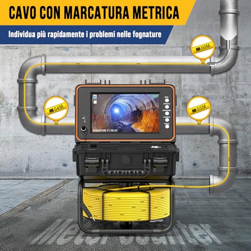 Dnenellr Tube Inspection Camera with 512Hz Probe and Auto-Leveling Function 1080P, Cable with Metric Marks, 9 Inch HD IPS Screen, 32GB DVR, 5100mAh Battery, Waterproof IP68 (20M)