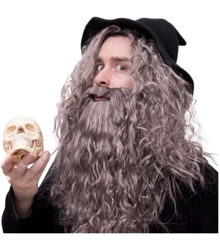 Hperu Wizard Beard Wizard Beard And Wig 1Set Long Grey Magician Wizard Costume Heat Resistant Fiber Costume Wig Santa Halloween Costumes Cosplay Accessory For Adults