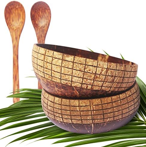 VIBE Natural Hand Carved Coconut Bowls (Set of 2) With 2 Wooden Spoons - Made with LOVE by Artisans I Great Vegan Gift I Perfect for Buddha Smoothie Bowls I Fair Trade (Khan)