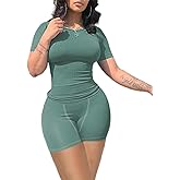 vyolu Lounge Wear Ribbed Casual 2 Piece Tracksuit Set Women Solid Skinny Short Sleeve O-Neck Top+Mid Waist Elastic Leggings