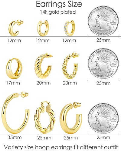 Adoyi Gold Hoop Earrings Set for Women Gold Hoops Twisted Huggie Hoops Earrings 14K Plated for Girls Gift Lightweight 9 Pairs