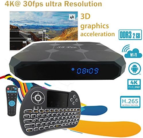 2018 Kodi-Android 7.1 Black TV Box_Watch Movies Online, stream and download series. S8 2GBRAM DDR3/16GB/4K Ultra Resolution With Best Wireless Mini Keyboard, Remote Control and HDMI Cable_ToTec