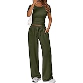 Trendy Queen 2 Piece Matching Summer Sweatsuit Lounge Set Womens Wide Leg Pants Side Ruching Crop Top Sets