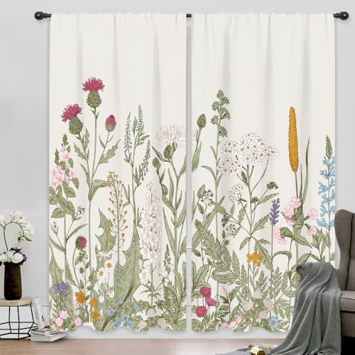 Riyidecor Wildflower Curtains Floral 52 x 84 Inch Green Leaves Botanical Printed Rod Pocket Artwork Wild Flower Plant Ivy Herbs Rustic Living Room Bedroom Window Drapes Treatment Fabric 2 Panels
