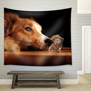 Dog and Mouse are Friends at Home - Fabric Wall Tapestry Home Decor - 51x60 inches
