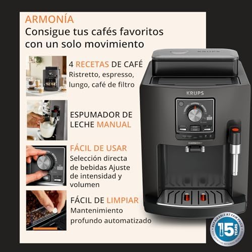Harmony, Máquina de Café Super Automática, 4 Bebidas de Café e Leite, Espumador de Leite, Limpeza Automática, Função Dupla Chávena, Compacto, Cor Carvão, EA508BE0