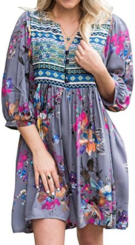 Womens Chiffon Floral Bohemian 3/4 Sleeves Summer Casual Mexican Flowy Mini Dresses