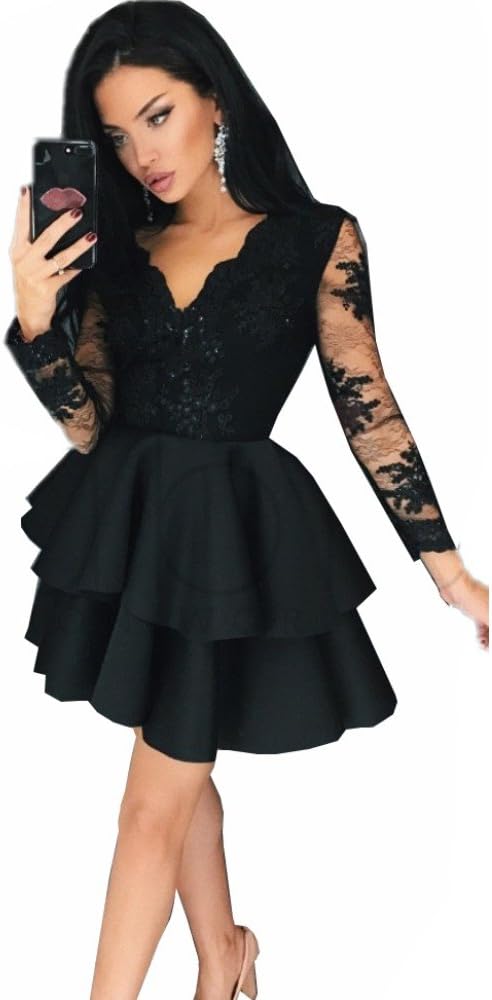 MariRobe Women's Sequins Short Sleeve V Neck Lace Appliques Cocktail Dress 1950s Satin Short Homecoming Gown