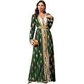Middle Eastern Modest Maxi Dress - Muslim Moroccan Kaftan Abaya for Women Gold Embroidered Eid Dress Islamic Traditional Wear