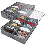 Lifewit 2 Pack 12 Pairs Shoe Organizer Under Bed Closet Storage Solution Organizer Box with Front Zippered Closure,with Clear Window, Grey