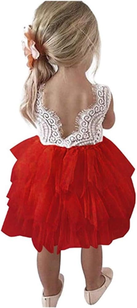 Toddler Big Flower Girls Dress Backless A-line Tulle Cake Tiered White Lace Wedding Party Princess Maxi Dress