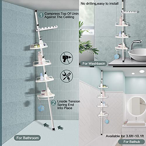 Shower Caddy,4 Tier Bathroom Baskets Corner Shower Caddy Tension Pole Storage Rack Organizer,Height Adjustable Among 3.6Ft to 10.1Ft