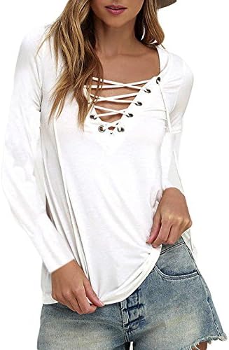 MAYSIKA Women's Sexy Lace Up V Neck Plain Casual Long Sleeve Top - White XL