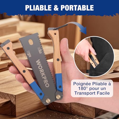 WORKPRO Japanese Folding Saw 310mm, Double Sided Pulling Saw 11/17 TPI | SK5 Flexible Steel Blade, Beech Wood Non-Slip Handle, Precise Wood Saw for Carpentry, Gardening and Camping
