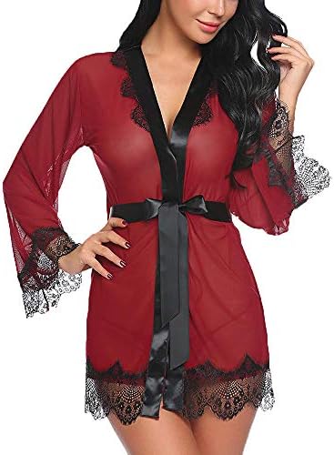 XOWRTE Women's Sexy Lace Patchwork Long Sleeve Babydoll Bath Robe Lingerie Bodysuit Nightwear with Belt