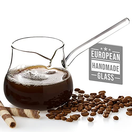 Turkish Coffee Pot Borosilicate Glass 420ml, Stovetop Tea Maker, Glass Cezve, 100% Heat Resistant Milk Warmer, Hot Chocolate Maker, Butter Melting Pot