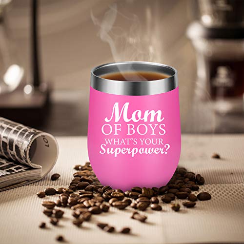 Mom of Boys What's Your Superpower - Boy Mom Gifts for Women - Funny Mom Birthday, Mothers Day, Thanksgiving, Christmas Gifts for Boymom, Mother of Boys - LEADO Boy Mom Wine Tumbler Mommy's Sippy Cup
