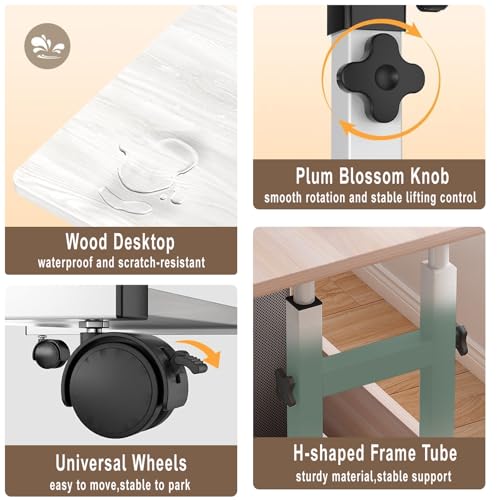 VUCATIN Small Study Desk for Bedroom, Rolling Computer Desk with Wheels Storage Shelf for Small Spaces, Adjustable Height Standing Table for Home Office (F-White)